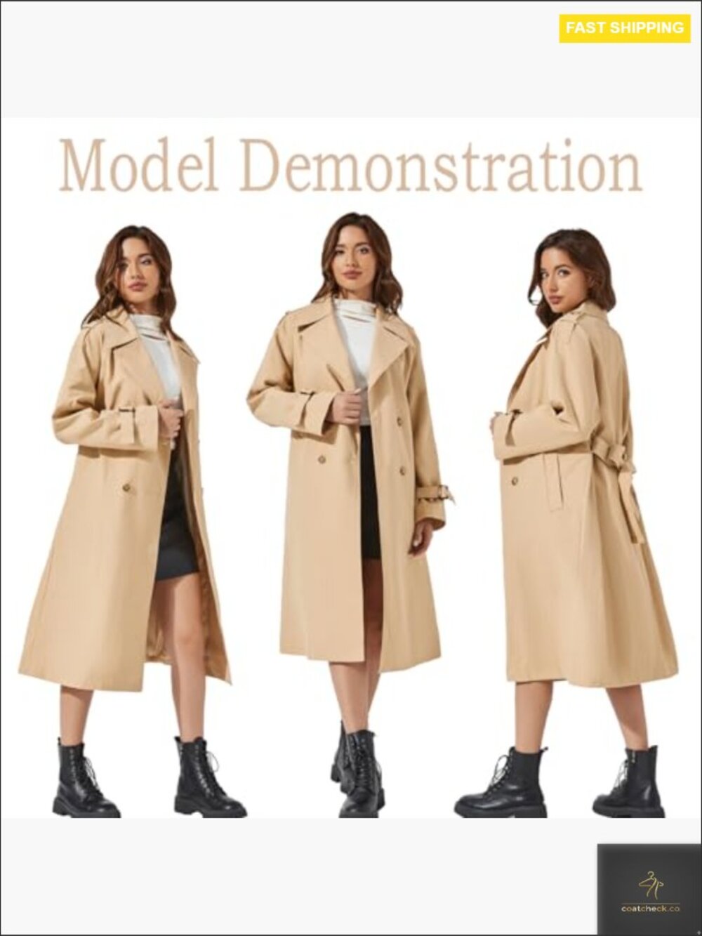 Double Breasted Long Trench Coat Classic Lapel Windproof Belted Lightweight - Picture 6 of 7